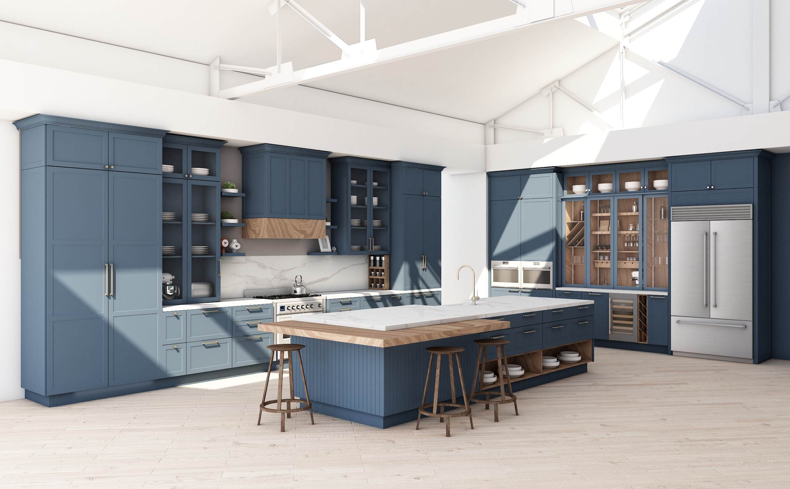 Wide side view of the classic kitchen collection of magnia with dark blue doors.