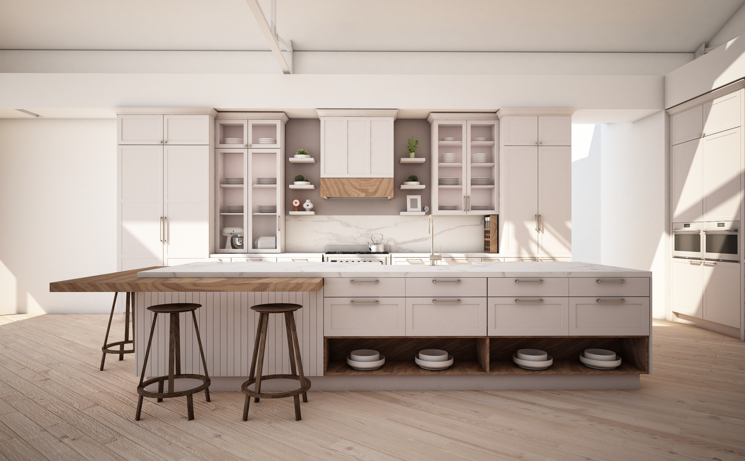 Wide and frontal angle to see the symmetry of cabinet placement of magnia's classic kitchen collection